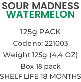 SOUR MADNESS WATERMELON  125g PACK Code no: 221003 Weight 125g (4,4 OZ) Box 18 pack Shelf life 18 months